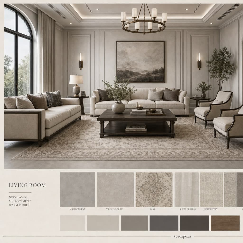 Neoclassic Cool Neutral Living Room — Satin interior moodboard card