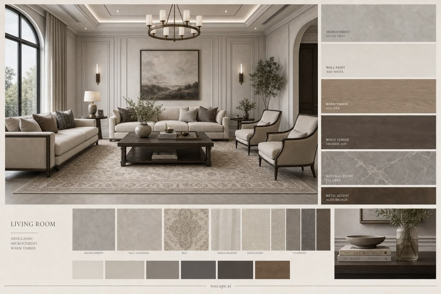 Neoclassic Cool Neutral Living Room — Satin interior moodboard plate