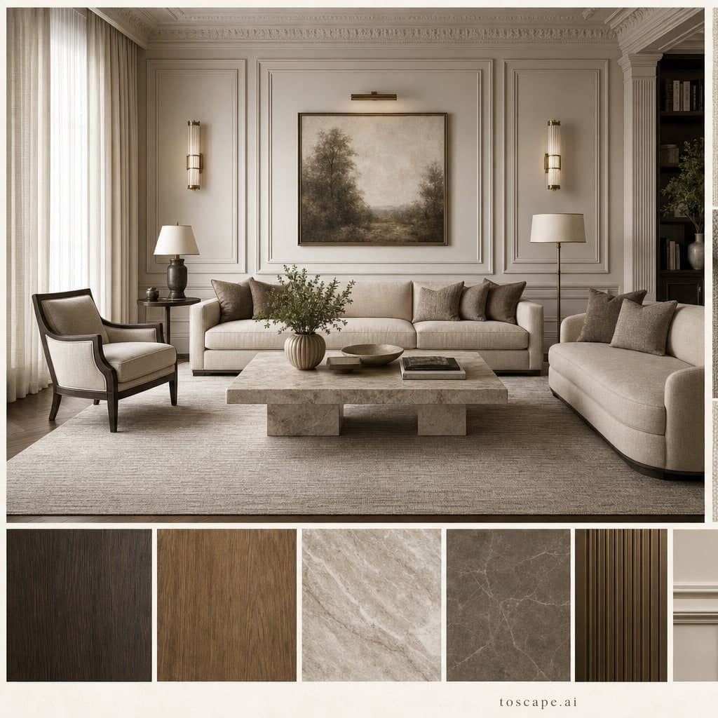 Neoclassic Earth Organic Living Room — Brushed Metal interior moodboard card