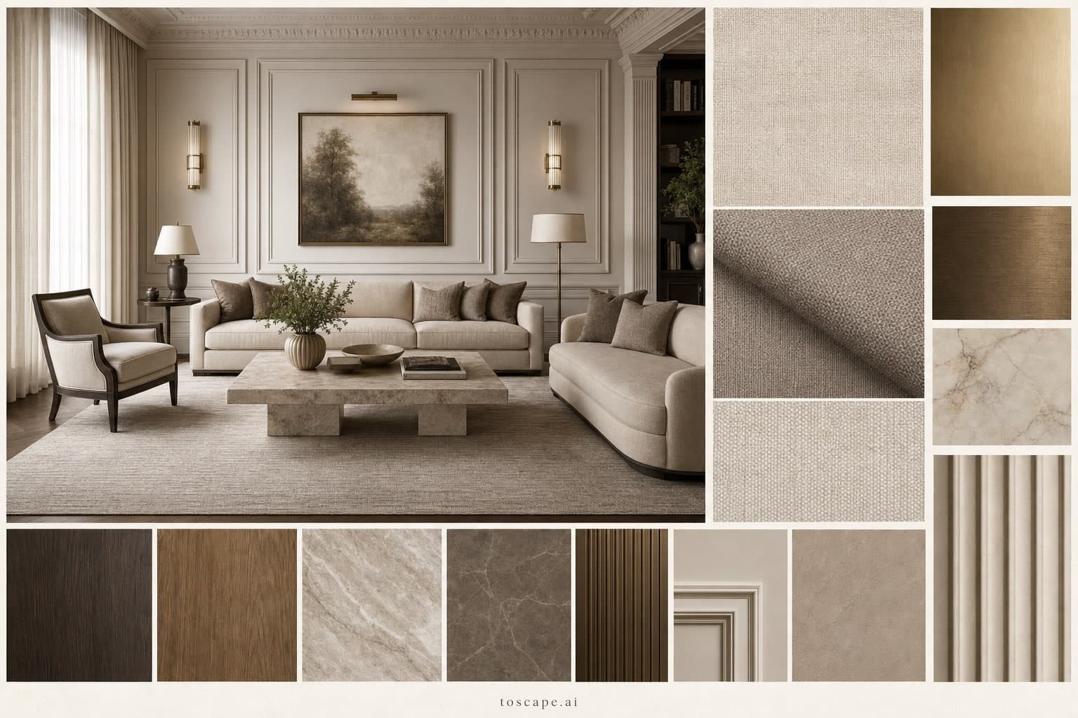 Neoclassic Earth Organic Living Room — Brushed Metal interior moodboard plate