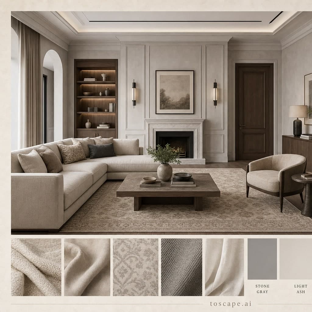 Neoclassic Cool Neutral Living Room — Satin interior moodboard card