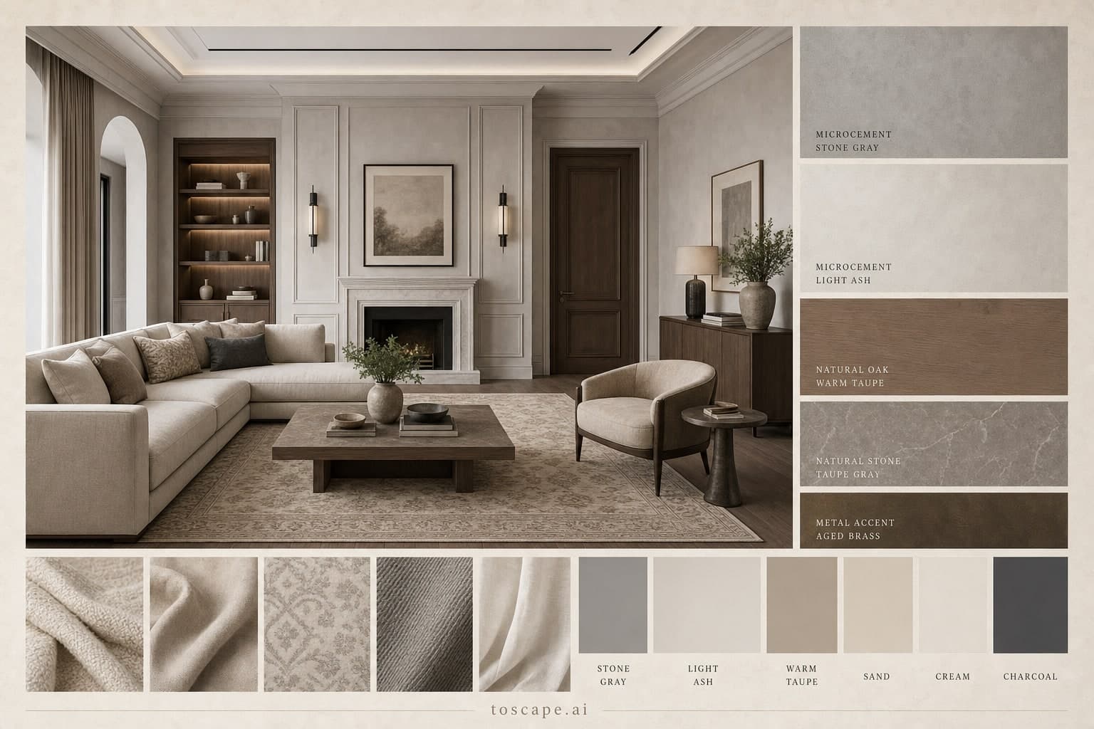 Neoclassic Cool Neutral Living Room — Satin interior moodboard plate