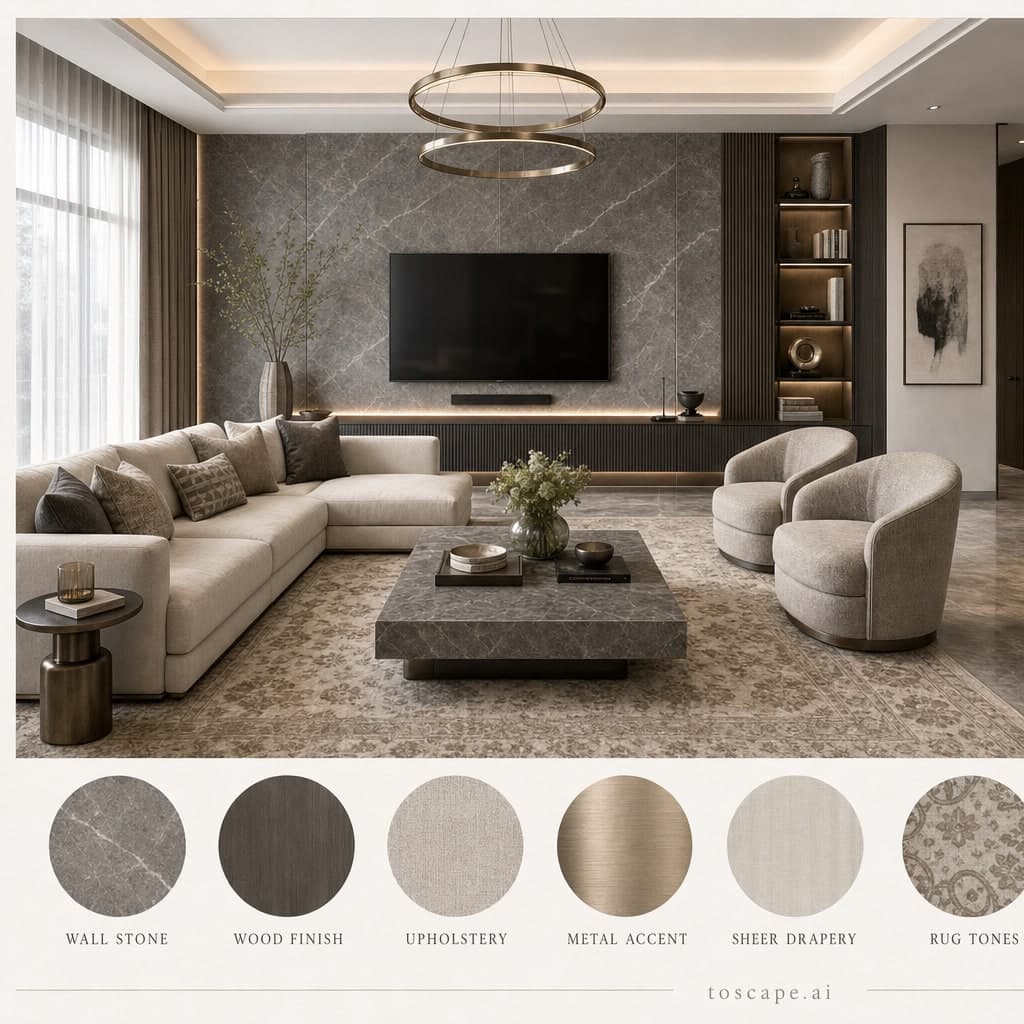 Modern Cool Neutral Living Room — Honed Stone interior moodboard card