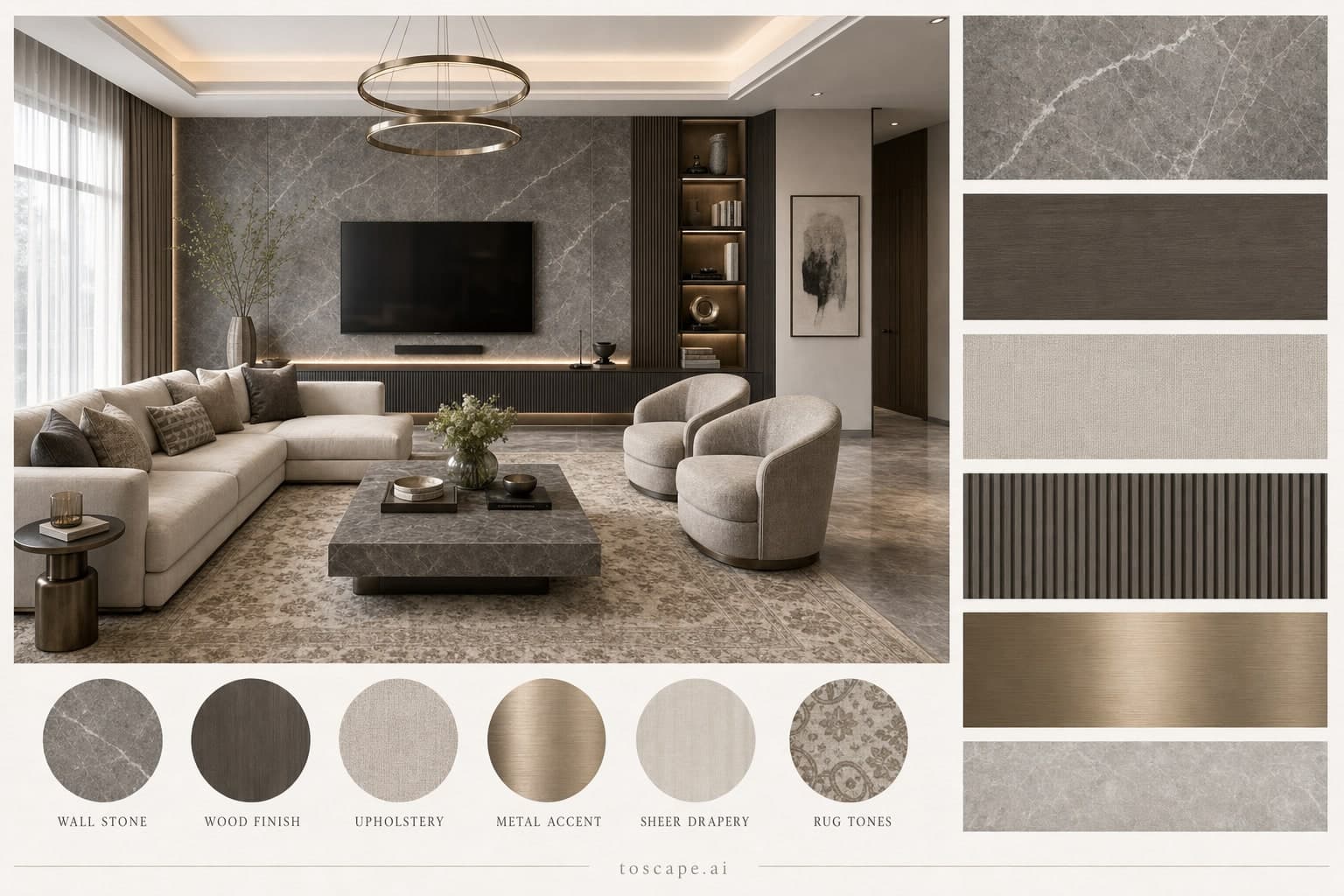 Modern Cool Neutral Living Room — Honed Stone interior moodboard plate