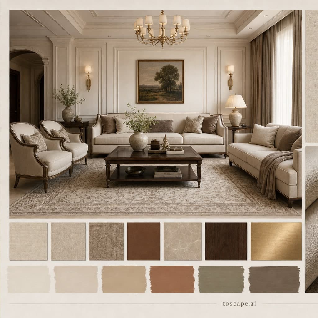 Neoclassic Earth Organic Living Room — Satin interior moodboard card