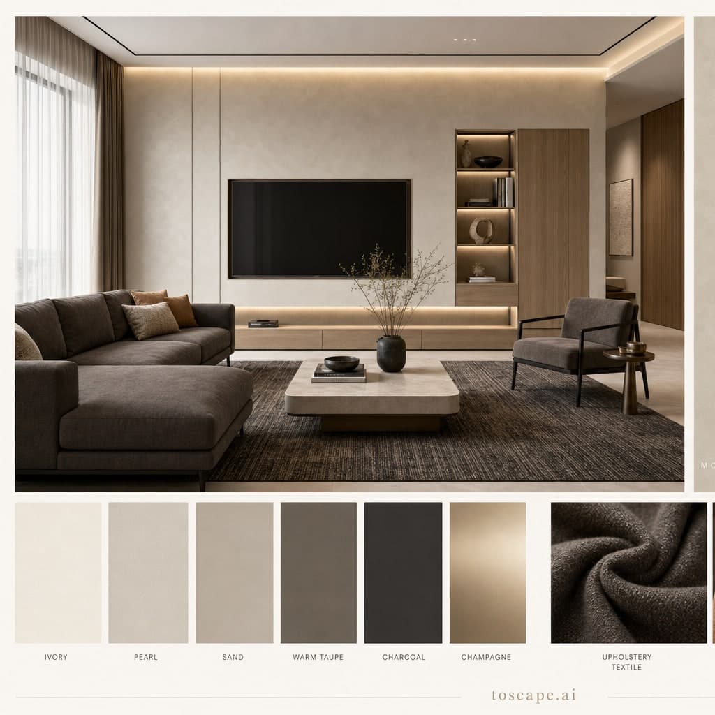 Modern Light Luxury Living Room — Brushed Metal interior moodboard card