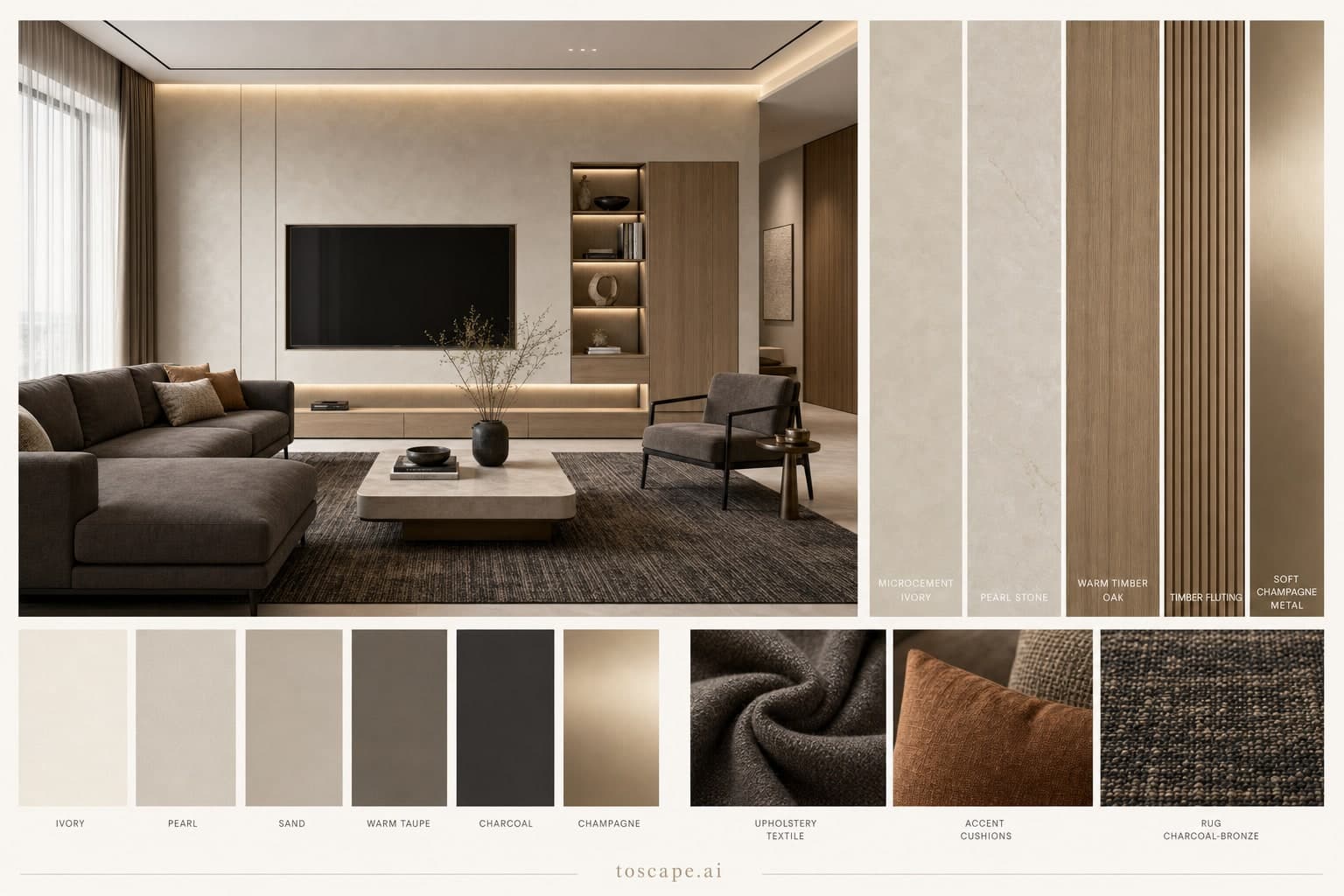 Modern Light Luxury Living Room — Brushed Metal interior moodboard plate