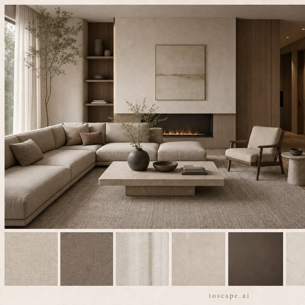 Modern Warm Neutral Living Room — Matte interior moodboard card