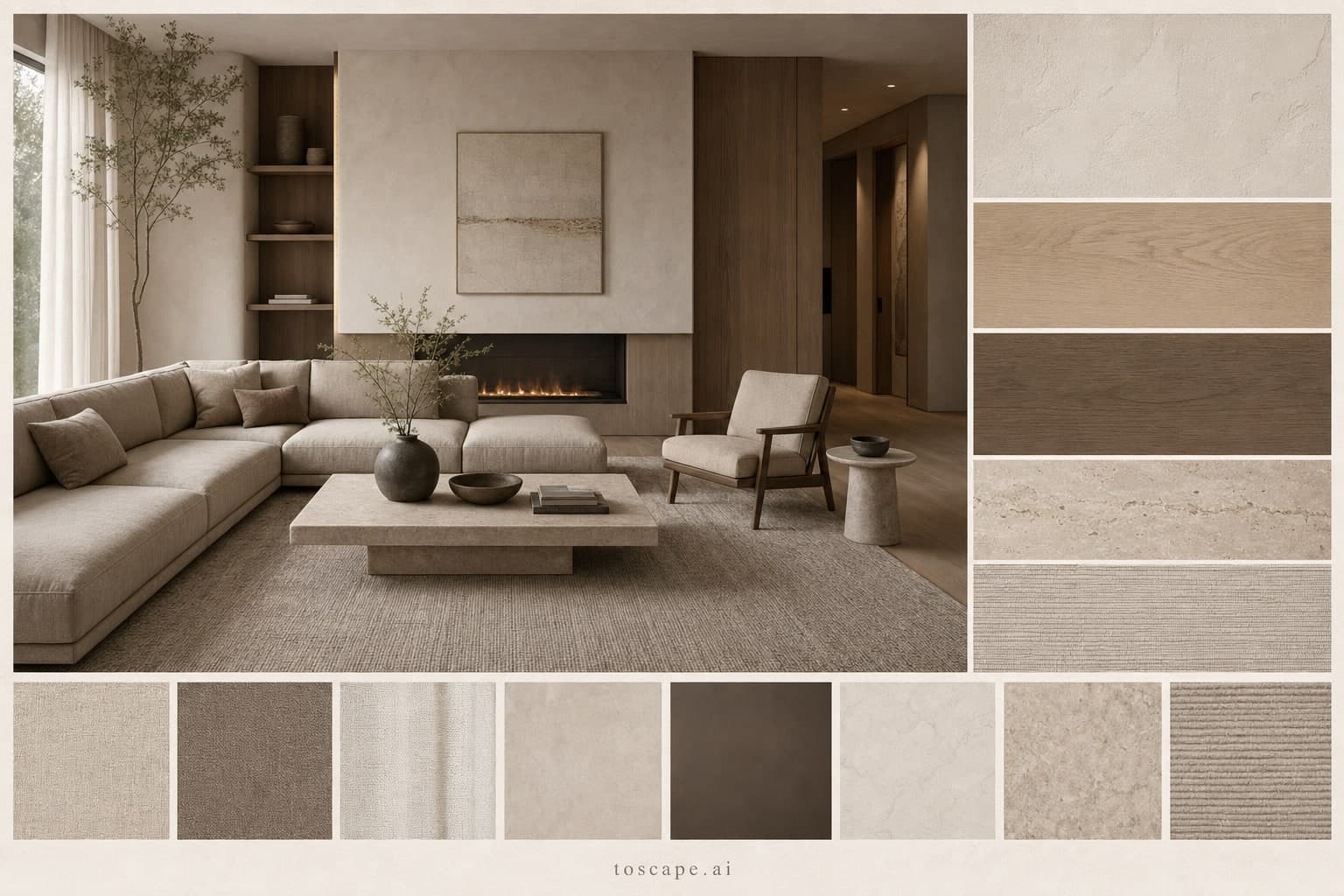 Modern Warm Neutral Living Room — Matte interior moodboard plate