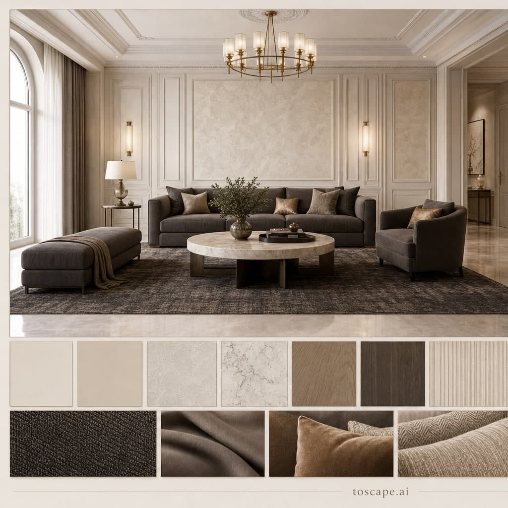 Neoclassic Light Luxury Living Room — Honed Stone interior moodboard card