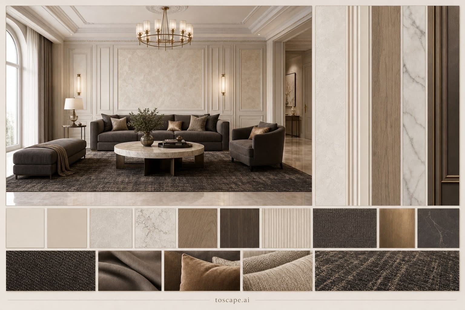 Neoclassic Light Luxury Living Room — Honed Stone interior moodboard plate