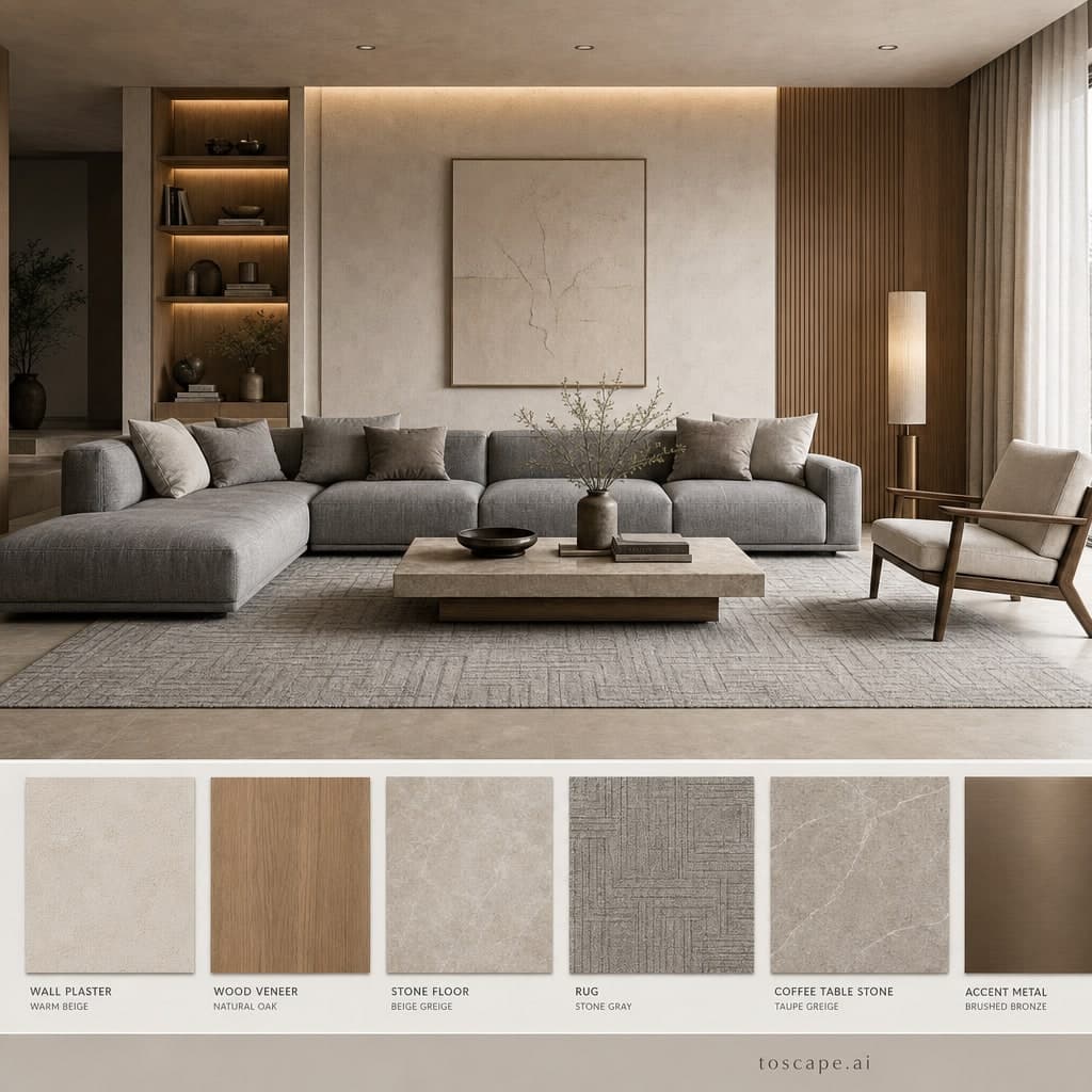 Modern Warm Neutral Living Room — Satin interior moodboard card