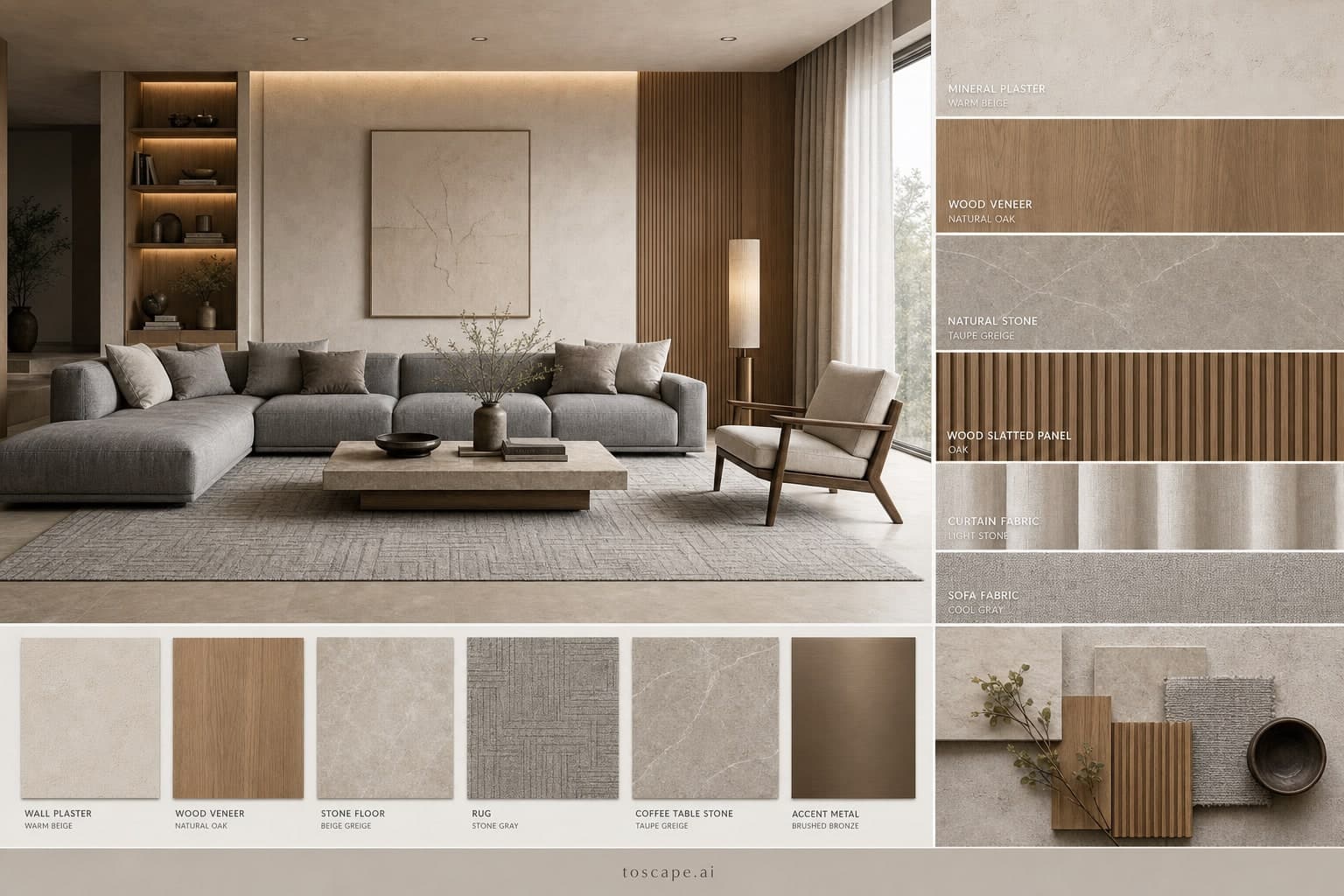 Modern Warm Neutral Living Room — Satin interior moodboard plate