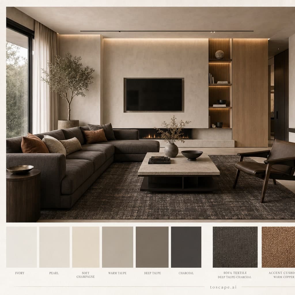 Modern Light Luxury Living Room — Brushed Metal interior moodboard card