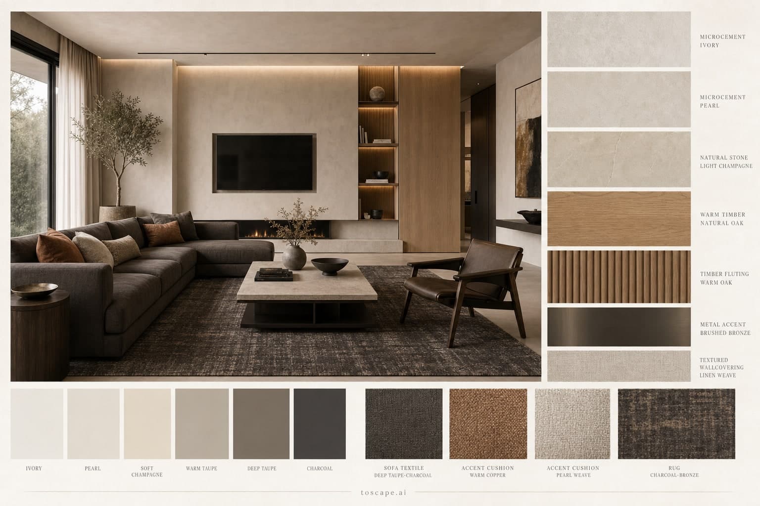 Modern Light Luxury Living Room — Brushed Metal interior moodboard plate