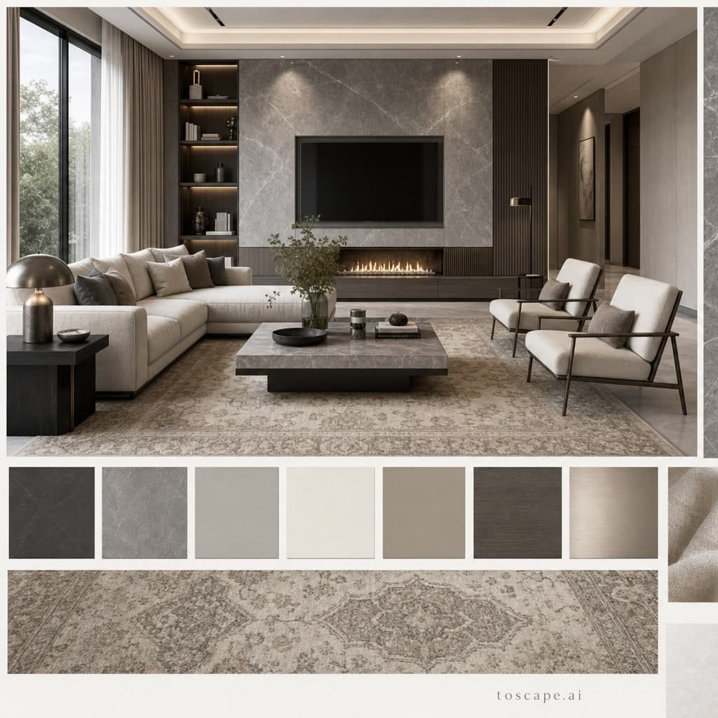 Modern Cool Neutral Living Room — Honed Stone interior moodboard card
