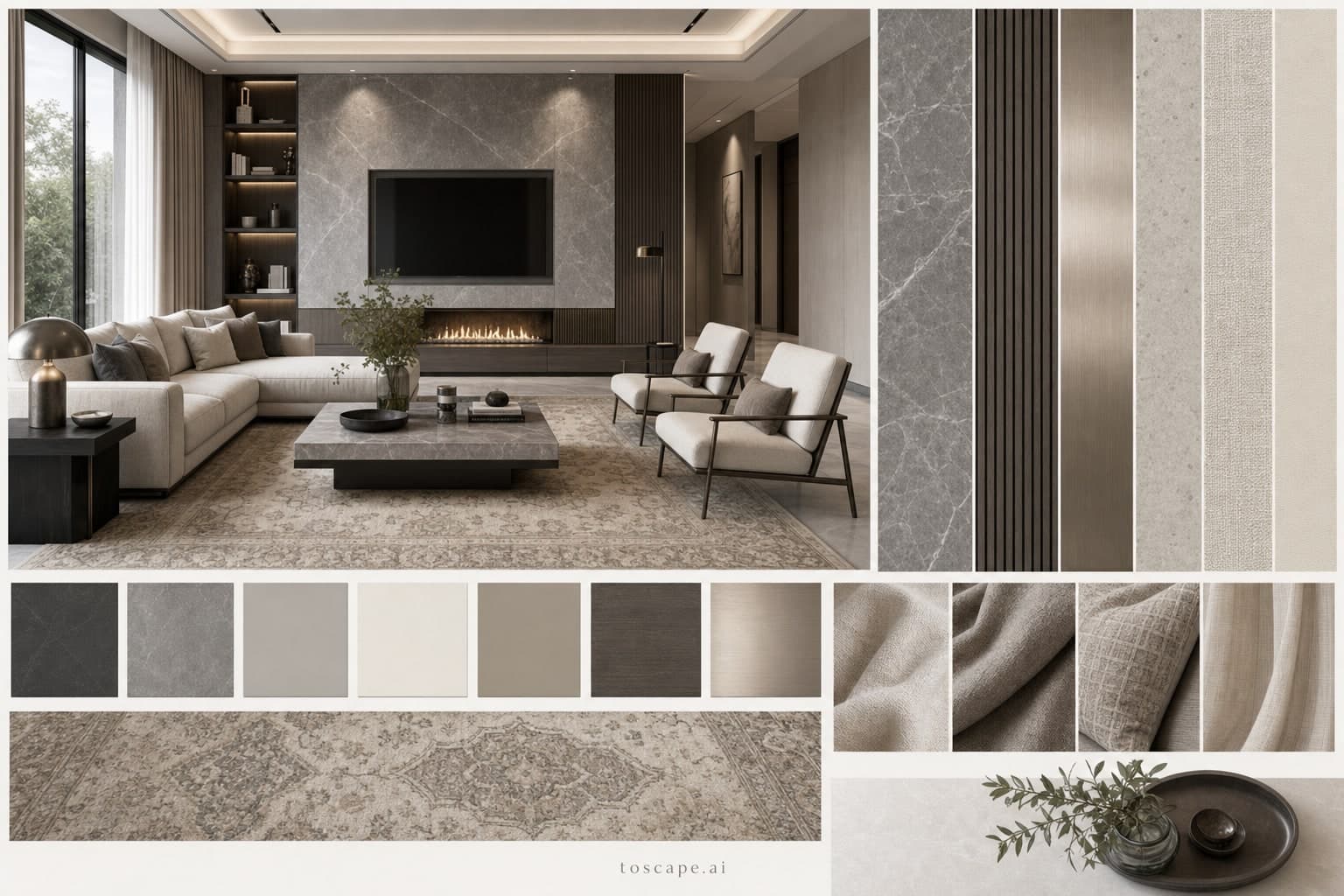 Modern Cool Neutral Living Room — Honed Stone interior moodboard plate