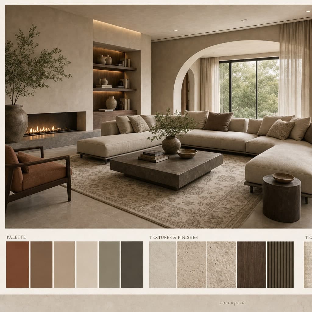 Modern Earth Organic Living Room — Honed Stone interior moodboard card