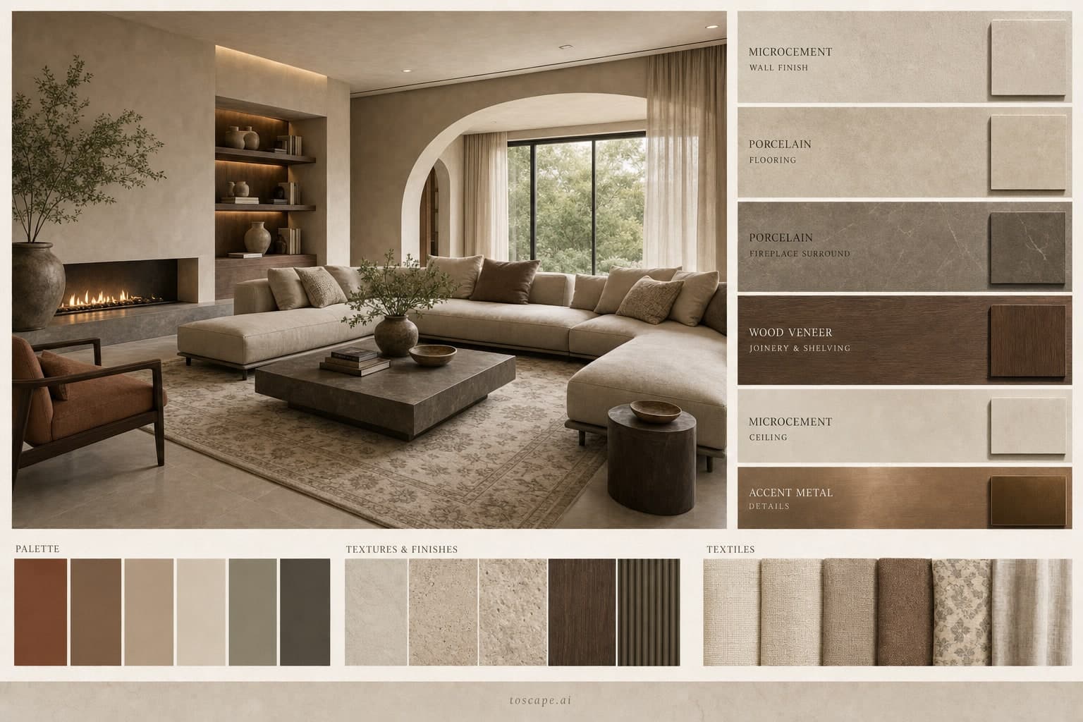 Modern Earth Organic Living Room — Honed Stone interior moodboard plate
