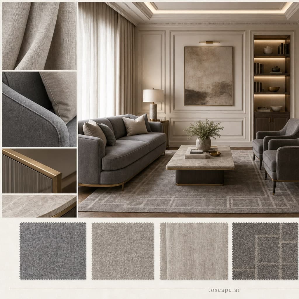 Neoclassic Earth Organic Living Room — Matte interior moodboard card