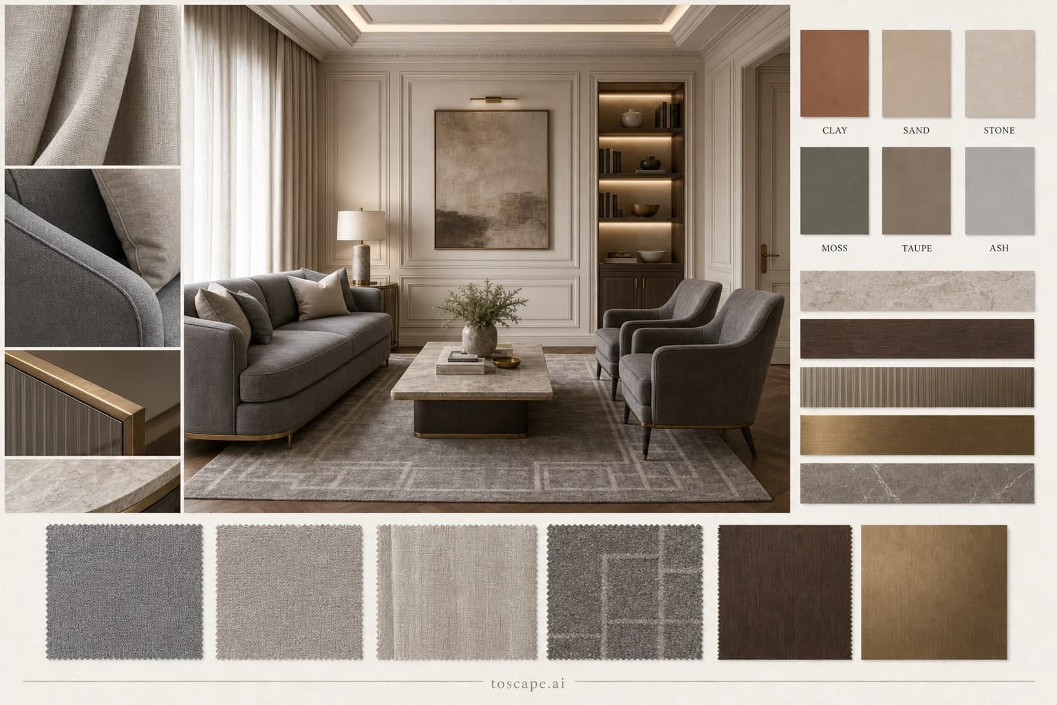 Neoclassic Earth Organic Living Room — Matte interior moodboard plate
