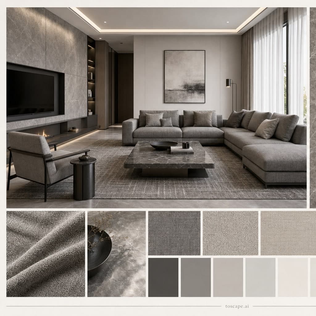 Modern Cool Neutral Living Room — Satin interior moodboard card