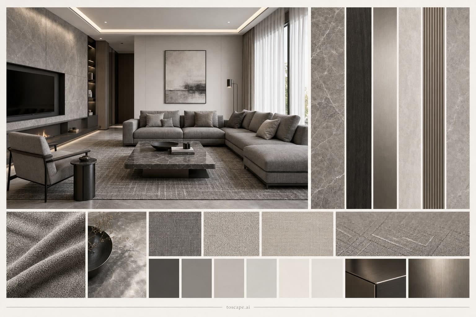 Modern Cool Neutral Living Room — Satin interior moodboard plate