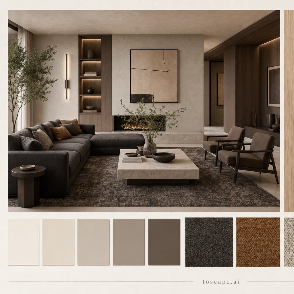 Modern Warm Neutral Living Room — Brushed Metal interior moodboard card
