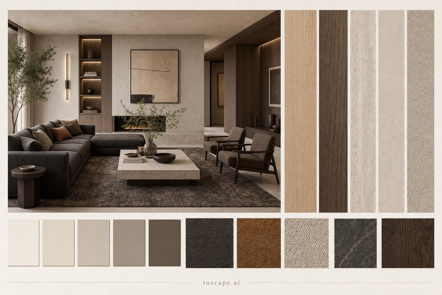 Modern Warm Neutral Living Room — Brushed Metal interior moodboard plate