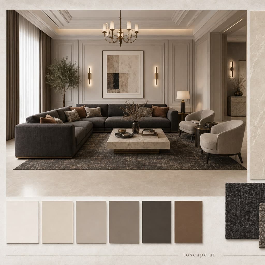 Neoclassic Warm Neutral Living Room — Honed Stone interior moodboard card