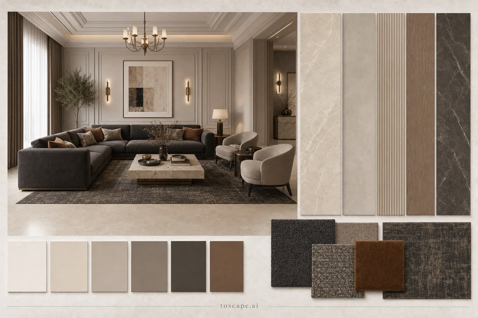 Neoclassic Warm Neutral Living Room — Honed Stone interior moodboard plate