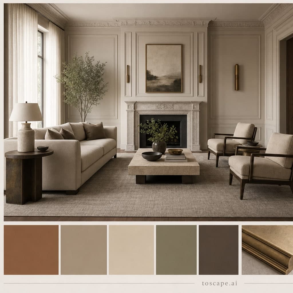 Neoclassic Earth Organic Living Room — Brushed Metal interior moodboard card