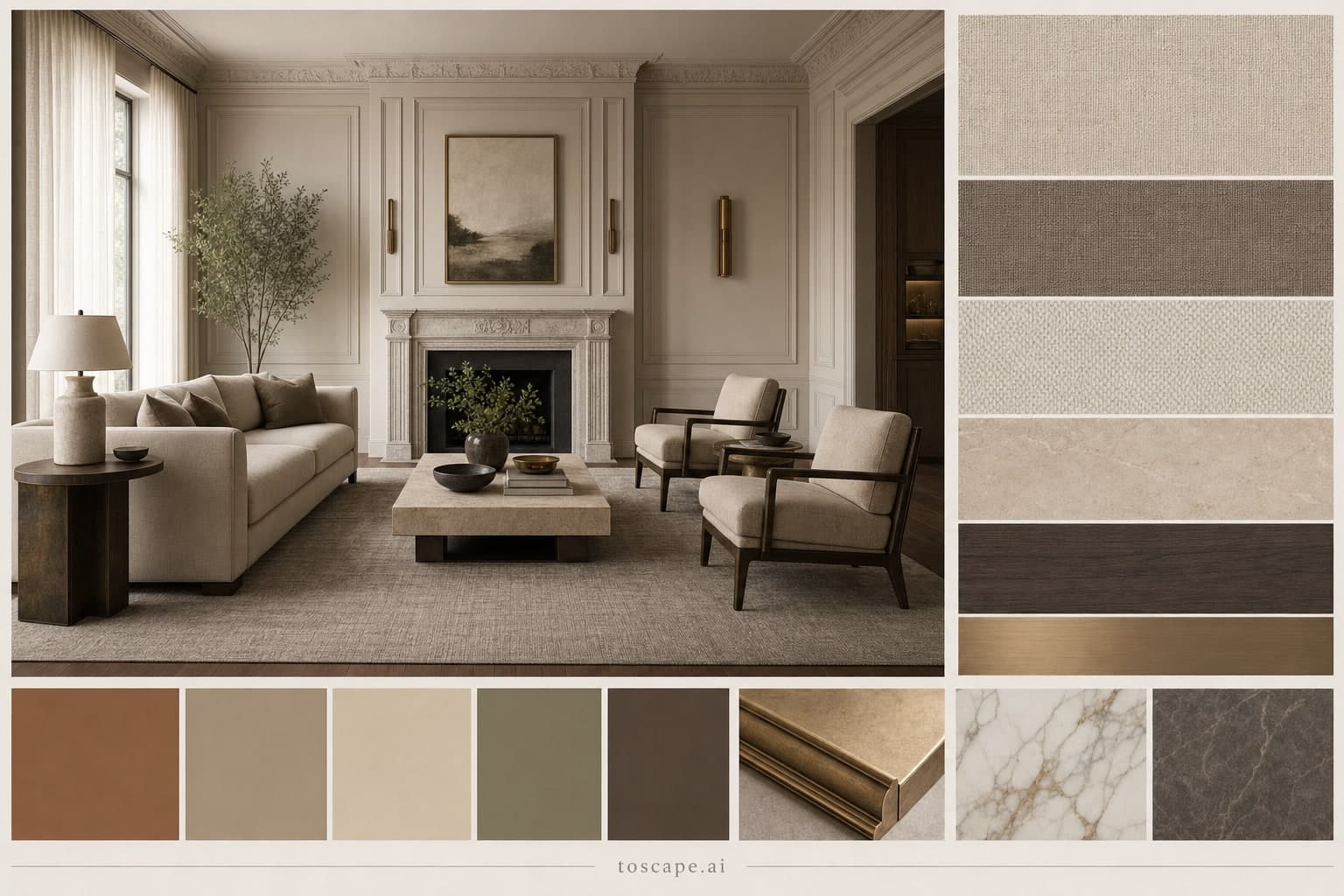 Neoclassic Earth Organic Living Room — Brushed Metal interior moodboard plate