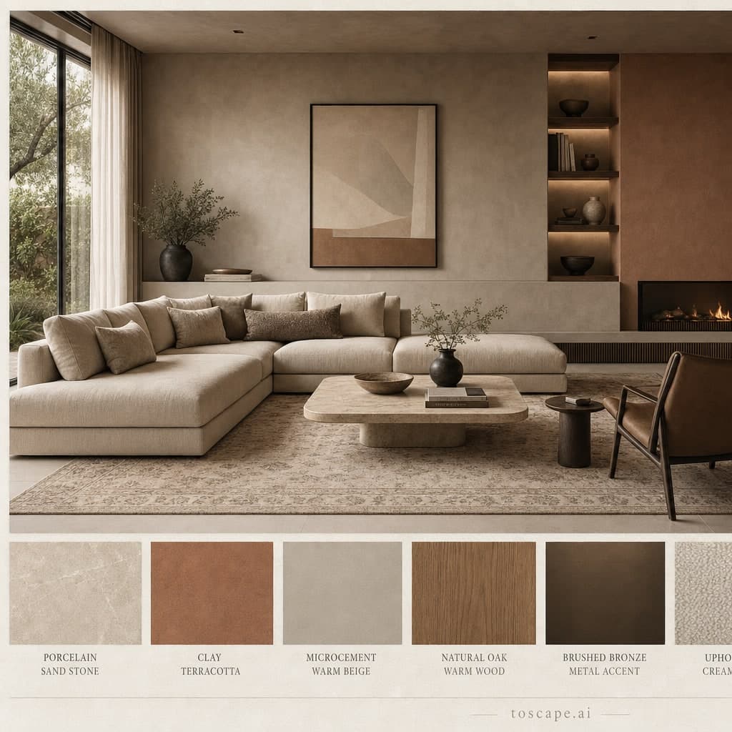 Modern Earth Organic Living Room — Honed Stone interior moodboard card