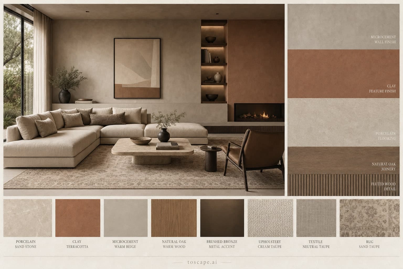 Modern Earth Organic Living Room — Honed Stone interior moodboard plate