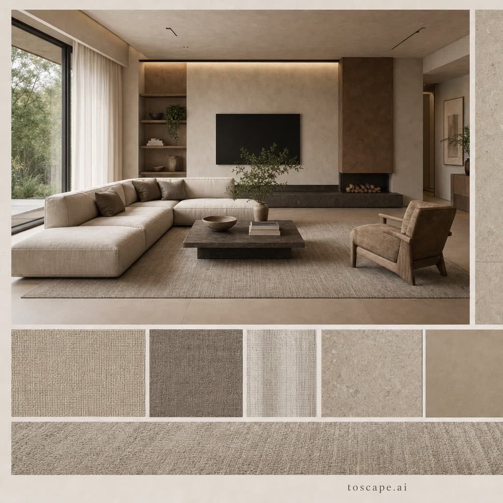 Modern Earth Organic Living Room — Matte interior moodboard card
