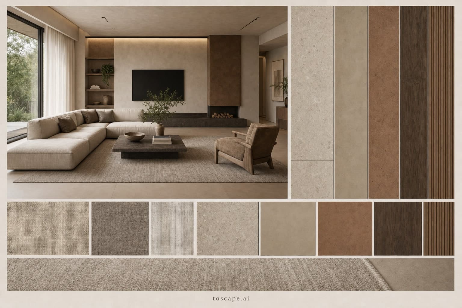 Modern Earth Organic Living Room — Matte interior moodboard plate