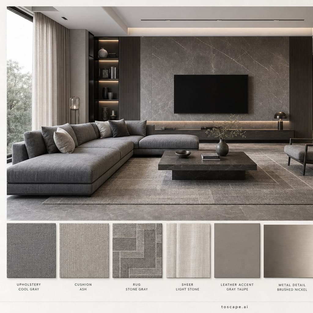 Modern Cool Neutral Living Room — Satin interior moodboard card
