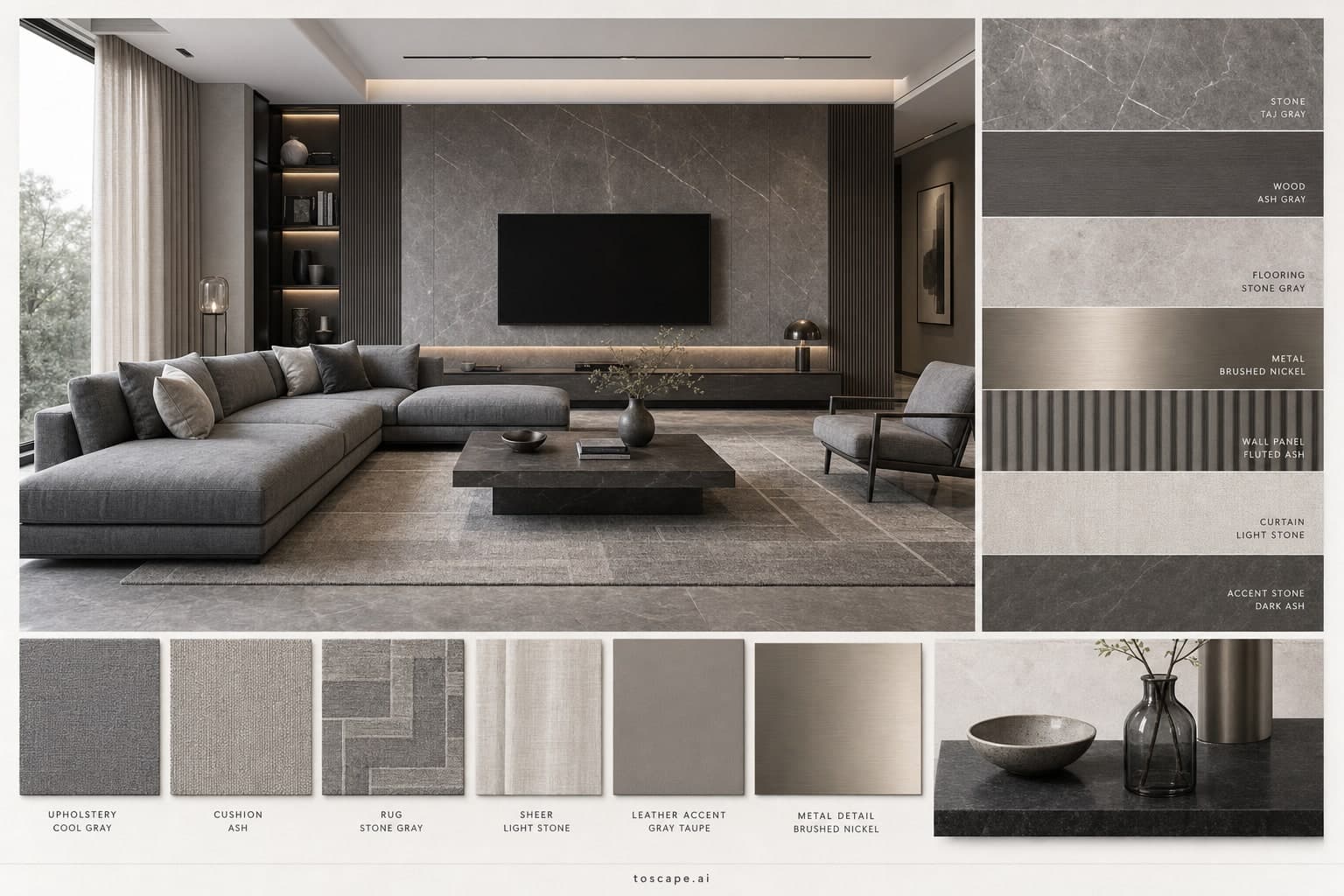 Modern Cool Neutral Living Room — Satin interior moodboard plate