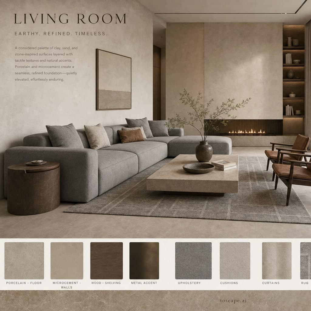 Modern Earth Organic Living Room — Satin interior moodboard card