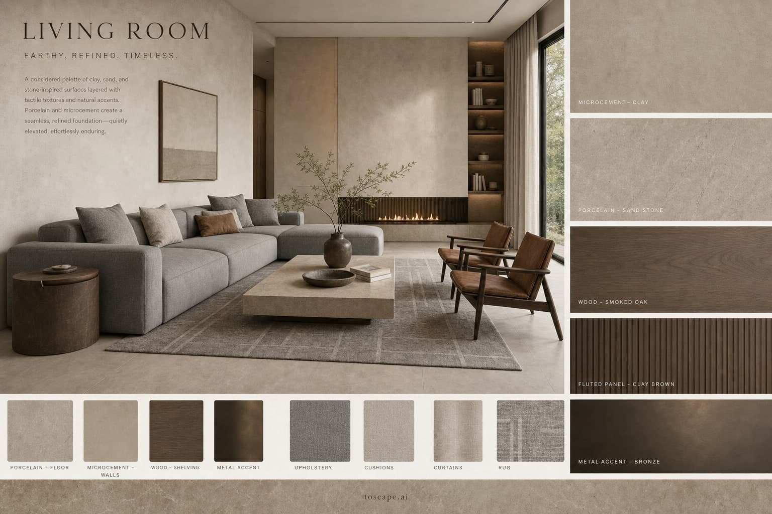 Modern Earth Organic Living Room — Satin interior moodboard plate