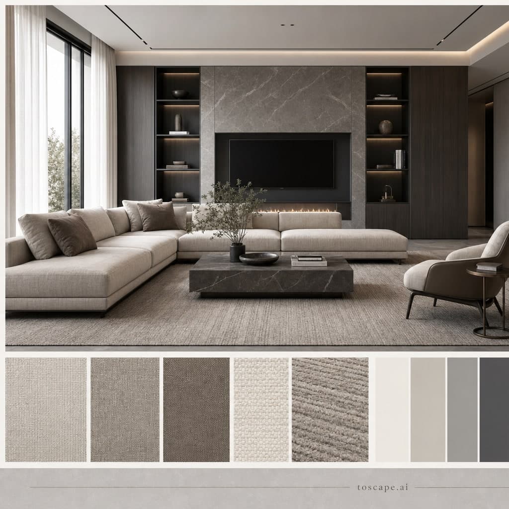 Modern Cool Neutral Living Room — Matte interior moodboard card