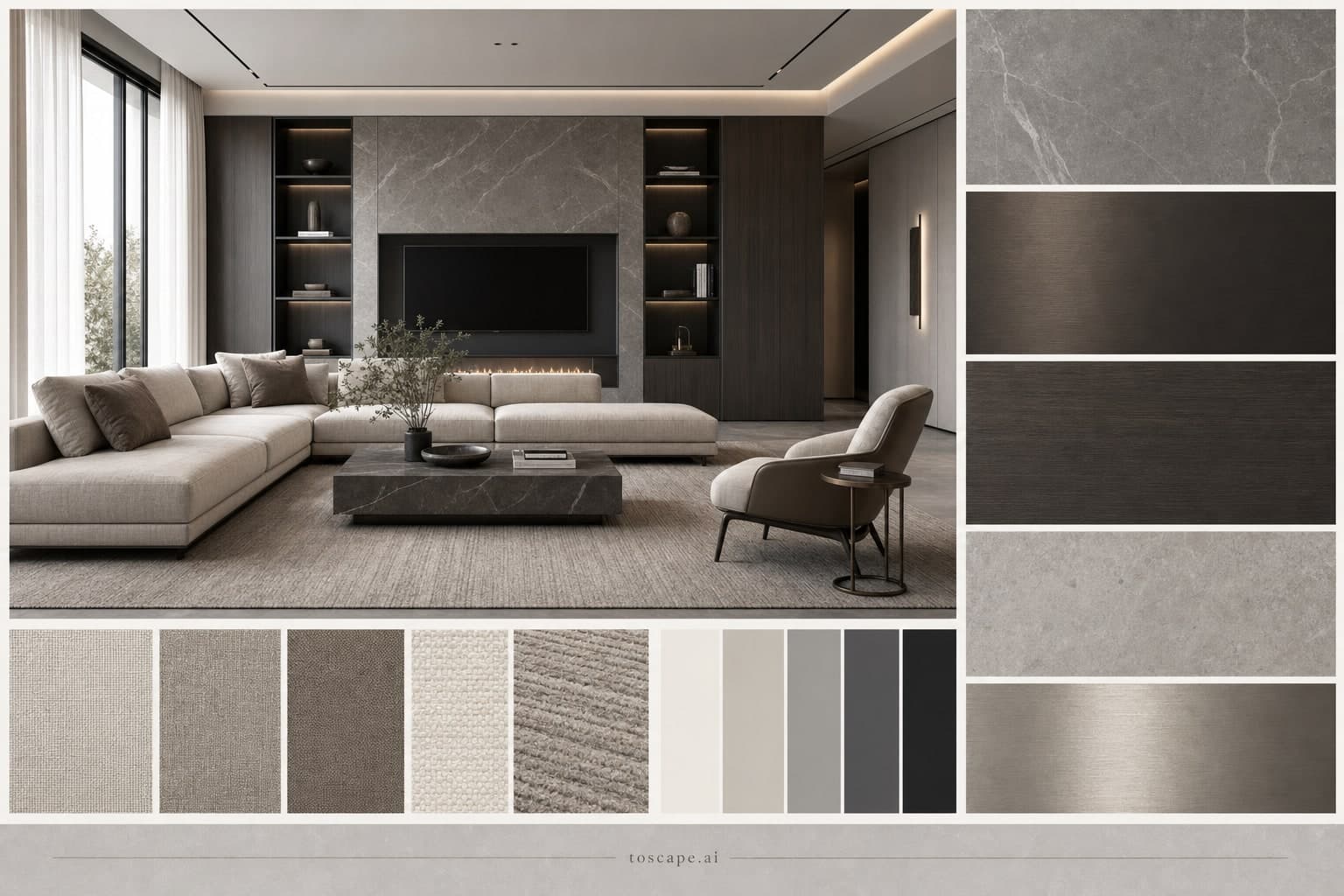 Modern Cool Neutral Living Room — Matte interior moodboard plate