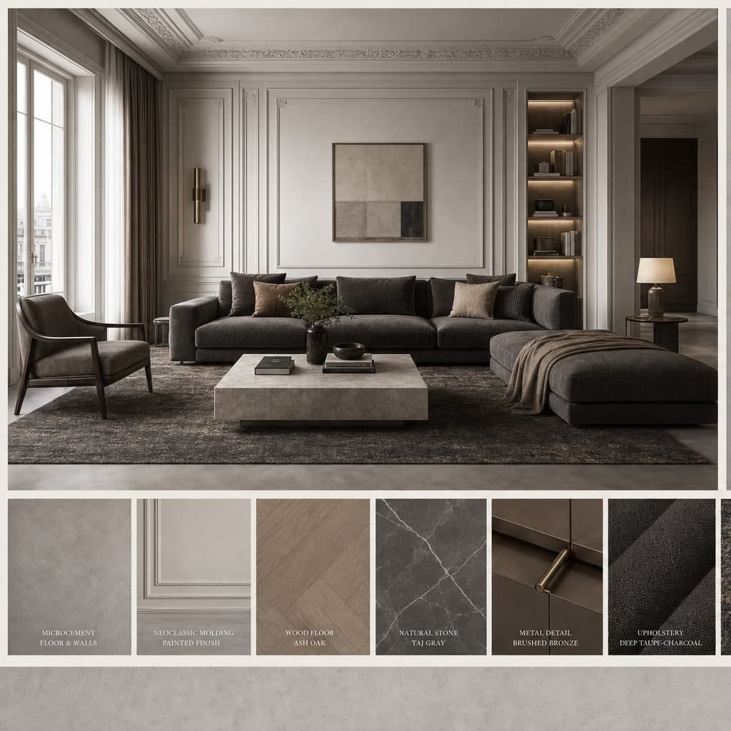 Neoclassic Cool Neutral Living Room — Honed Stone interior moodboard card