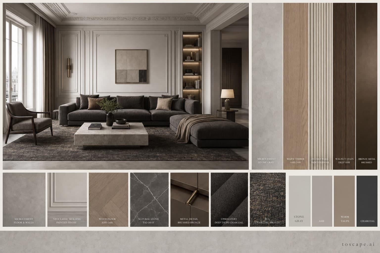 Neoclassic Cool Neutral Living Room — Honed Stone interior moodboard plate