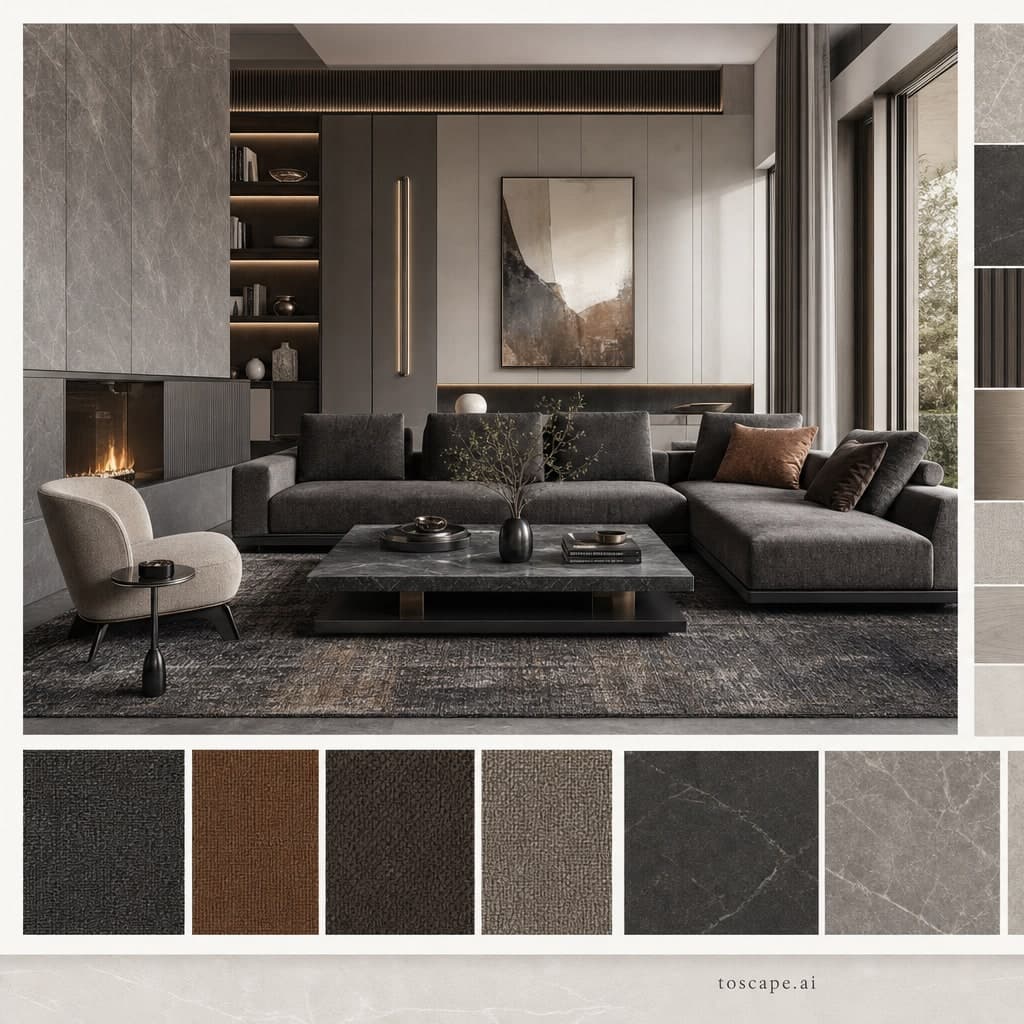 Modern Cool Neutral Living Room — Brushed Metal interior moodboard card