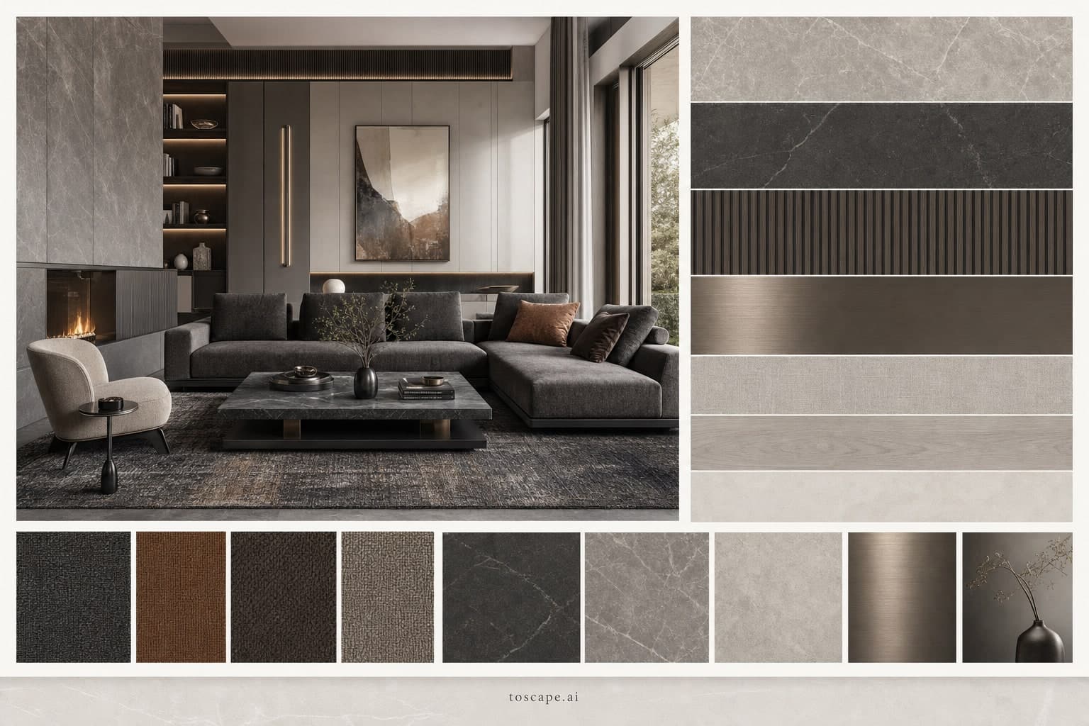 Modern Cool Neutral Living Room — Brushed Metal interior moodboard plate