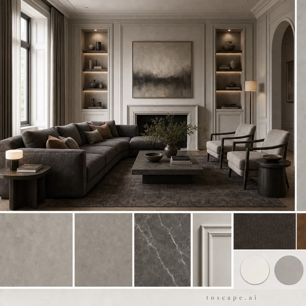 Neoclassic Cool Neutral Living Room — Honed Stone interior moodboard card