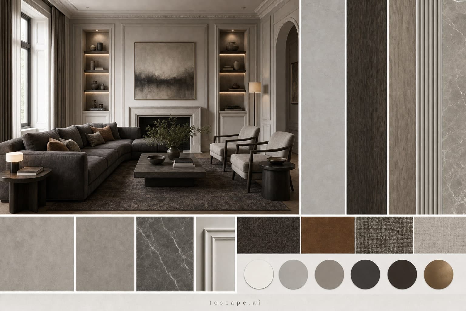Neoclassic Cool Neutral Living Room — Honed Stone interior moodboard plate