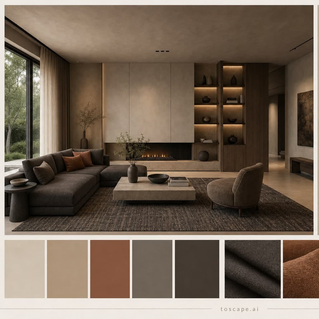 Modern Earth Organic Living Room — Brushed Metal interior moodboard card